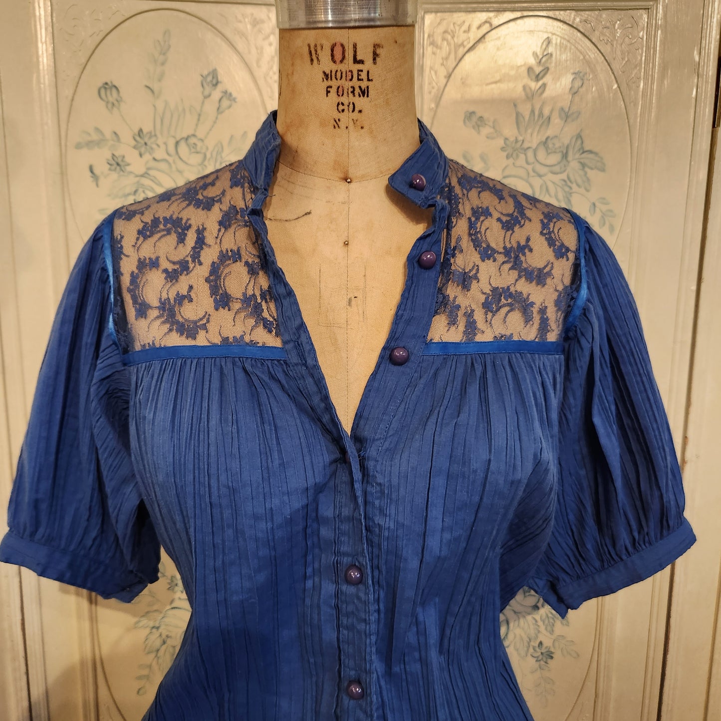 Vintage Royal Blue Crepe Blouse with Lace Accents