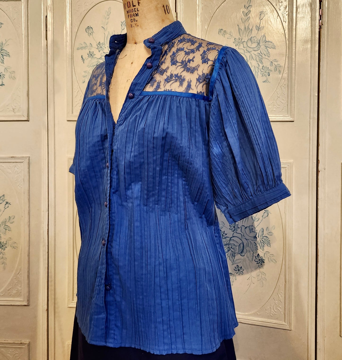 Vintage Royal Blue Crepe Blouse with Lace Accents