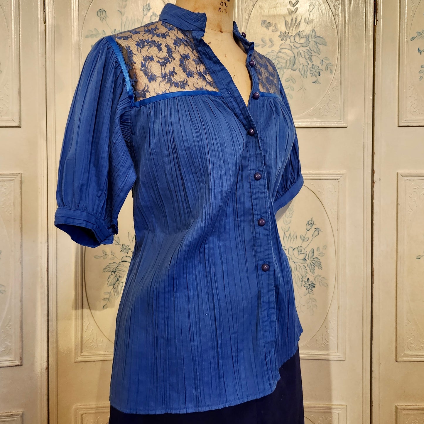 Vintage Royal Blue Crepe Blouse with Lace Accents