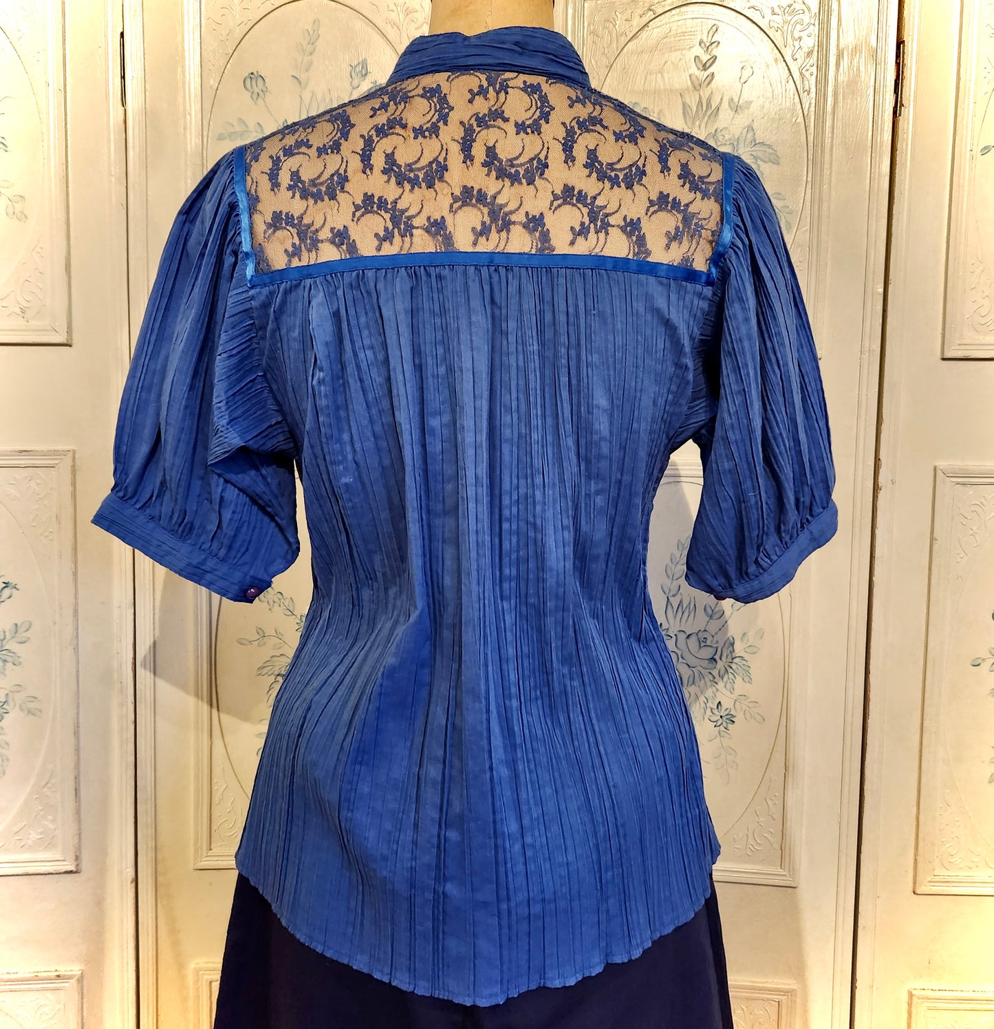 Vintage Royal Blue Crepe Blouse with Lace Accents