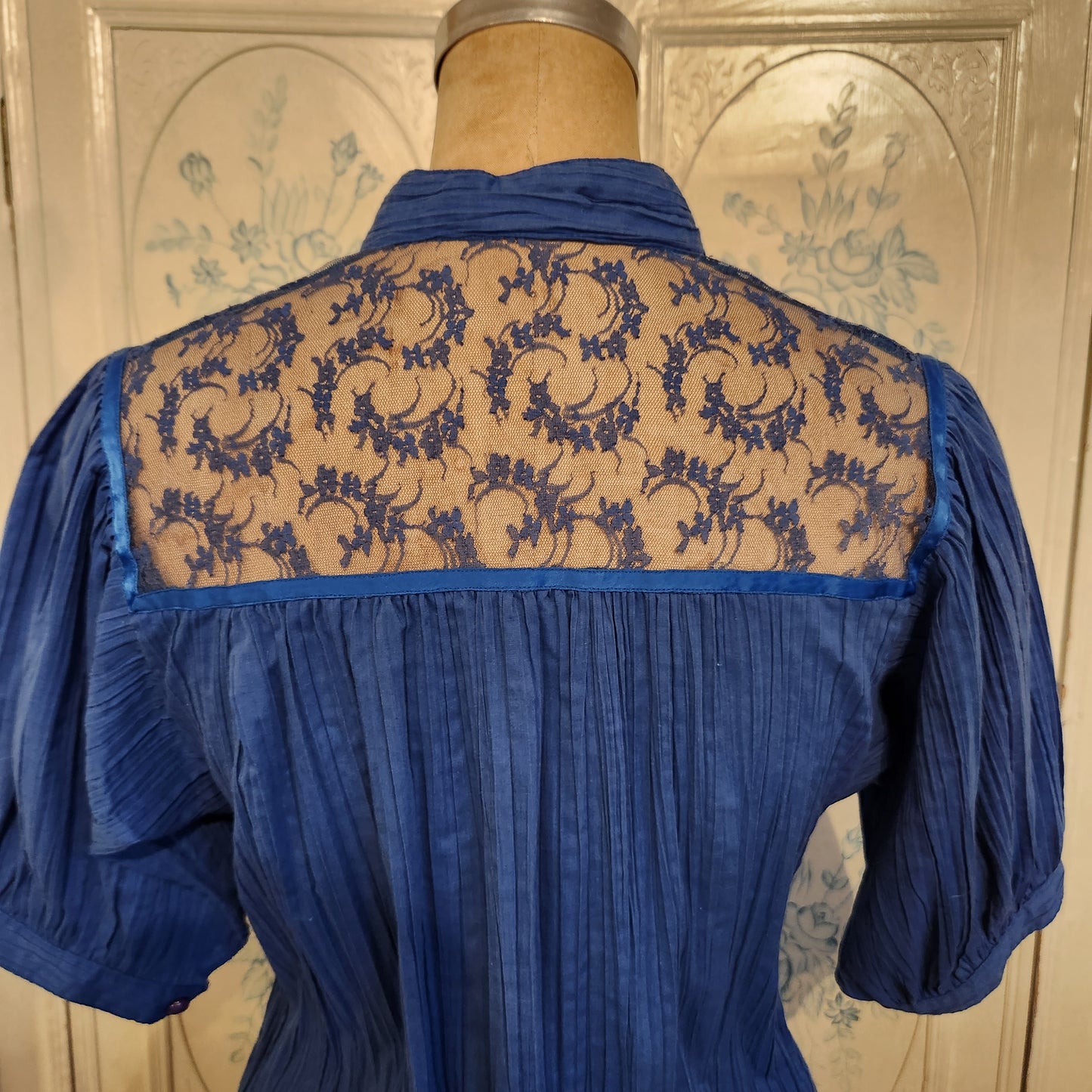 Vintage Royal Blue Crepe Blouse with Lace Accents