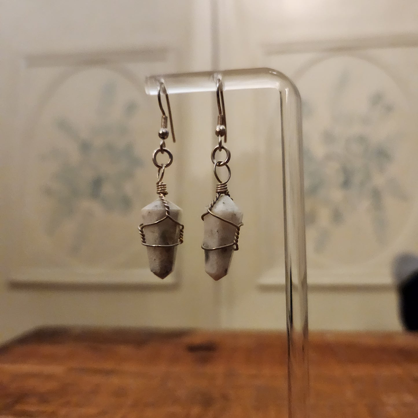 Silver Tone Wire Wrapped Howlite Dangle Earrings