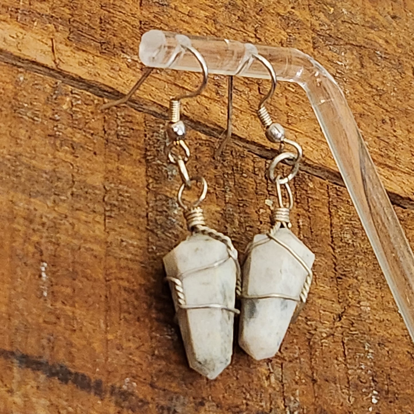 Silver Tone Wire Wrapped Howlite Dangle Earrings