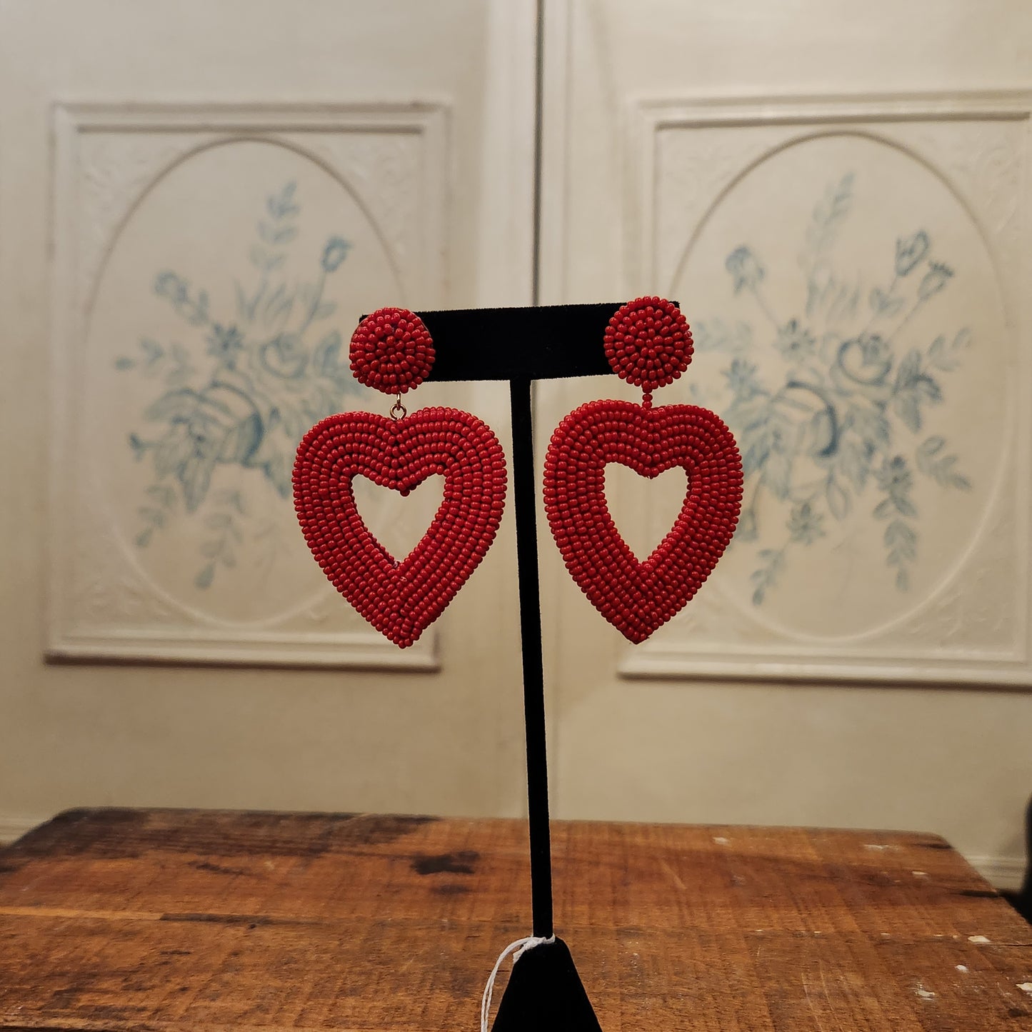 Chunky Beaded Red Heart Earrings