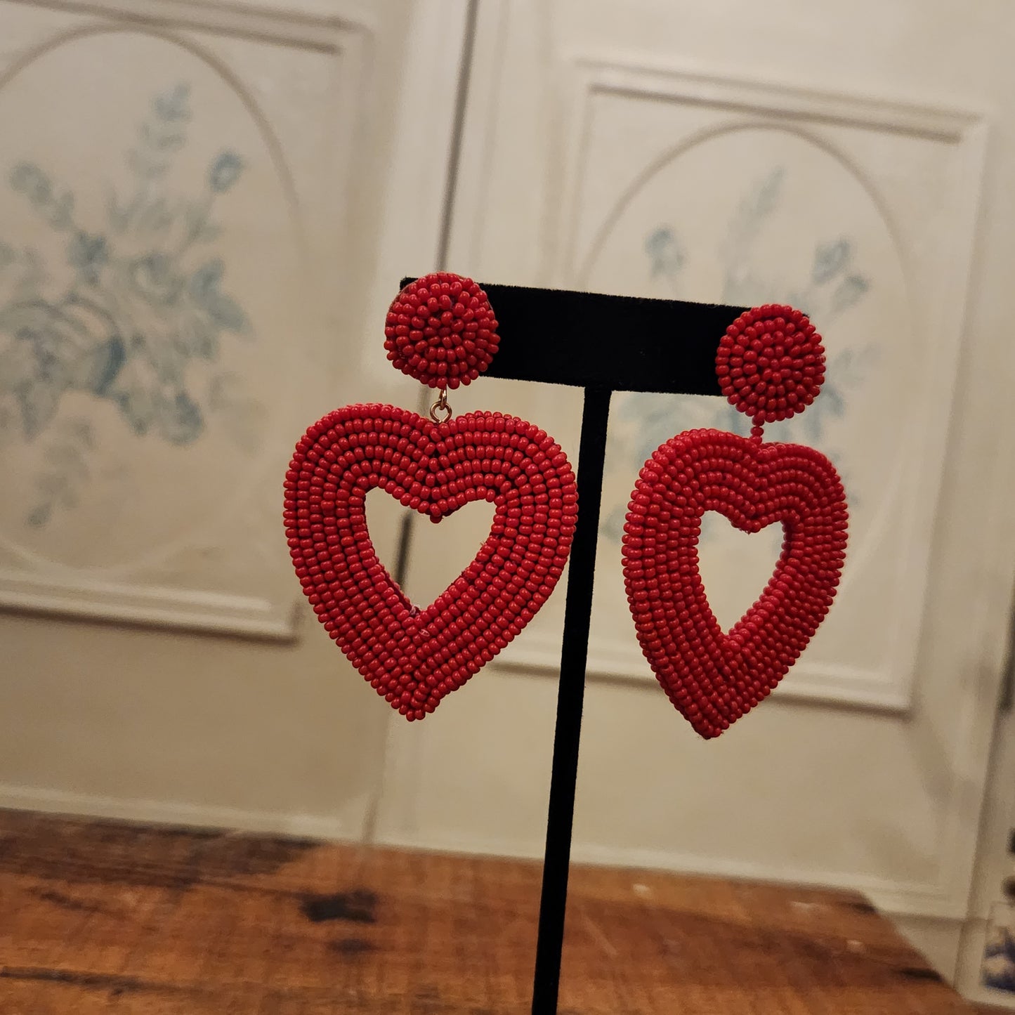 Chunky Beaded Red Heart Earrings