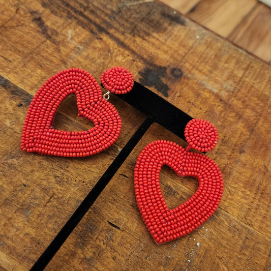 Chunky Beaded Red Heart Earrings