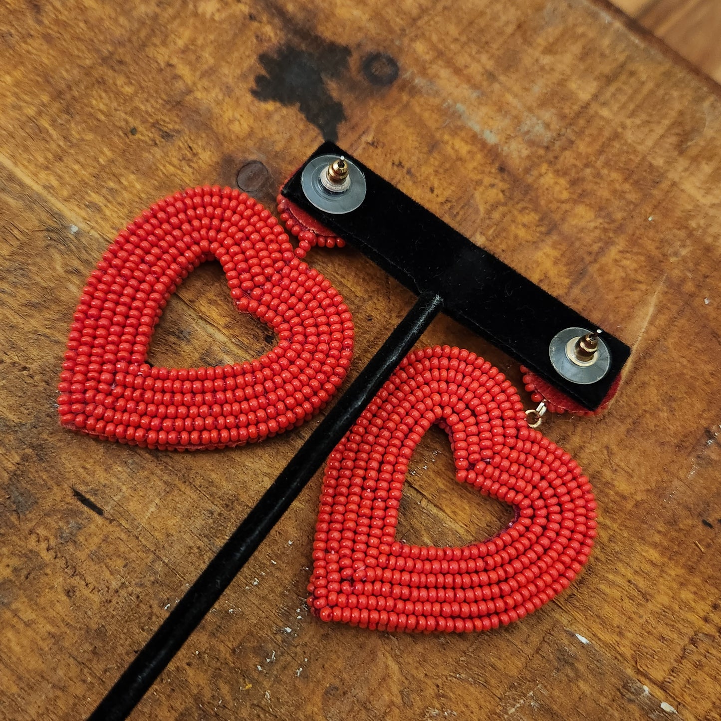 Chunky Beaded Red Heart Earrings