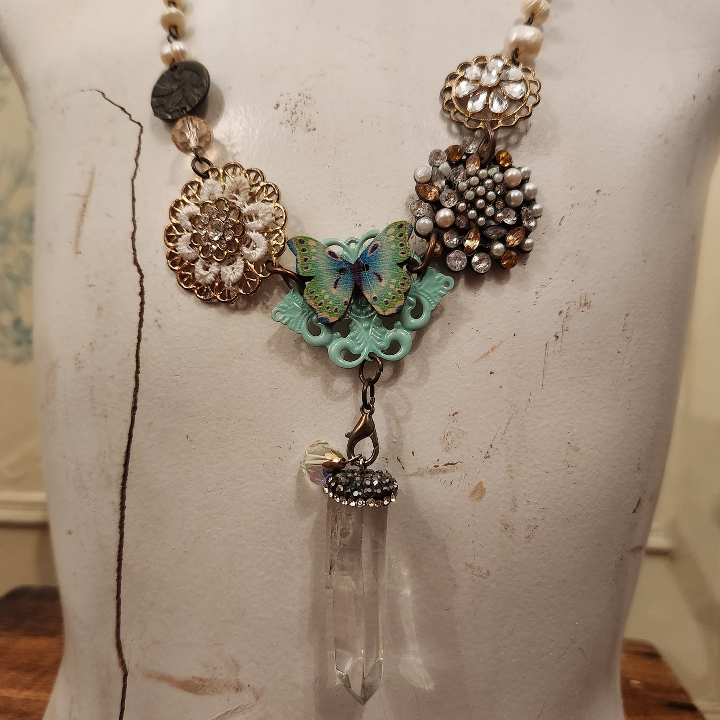 Reconstructed Mixed Media Quartz Pendant Necklace