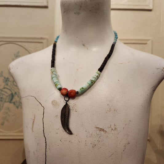 Multi Stone Necklace With Feather Pendant