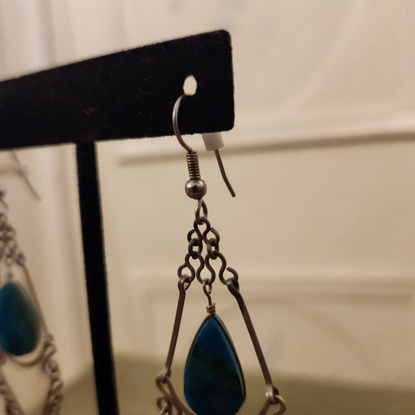 Vintage Silver Toned Calcadony Stone Intricate Dangle Earrings