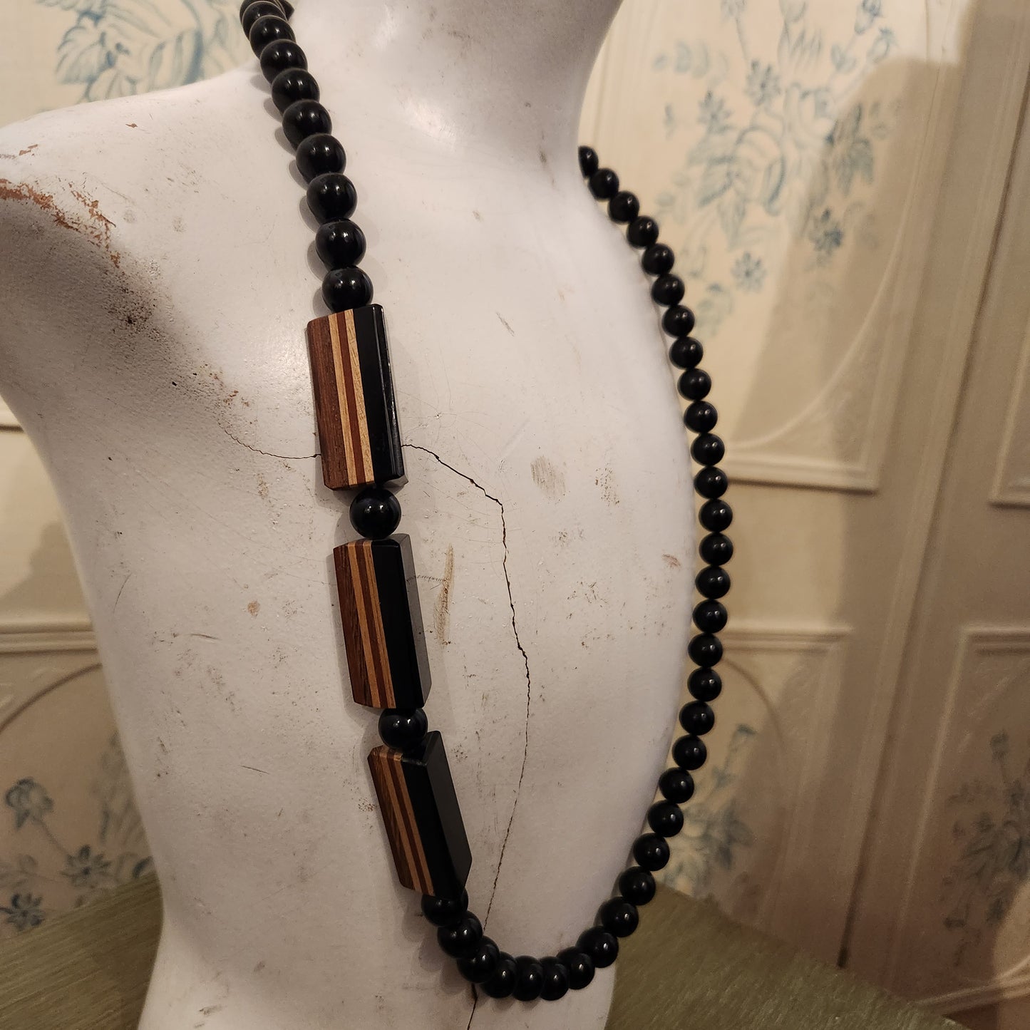 Vintage Lucite Beaded Asymmetrical Wooden Inlay Necklace