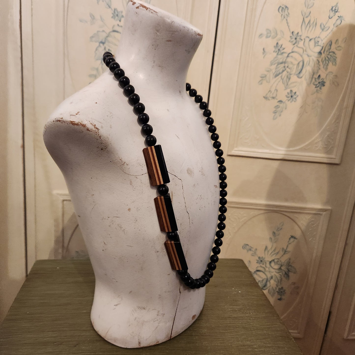 Vintage Lucite Beaded Asymmetrical Wooden Inlay Necklace