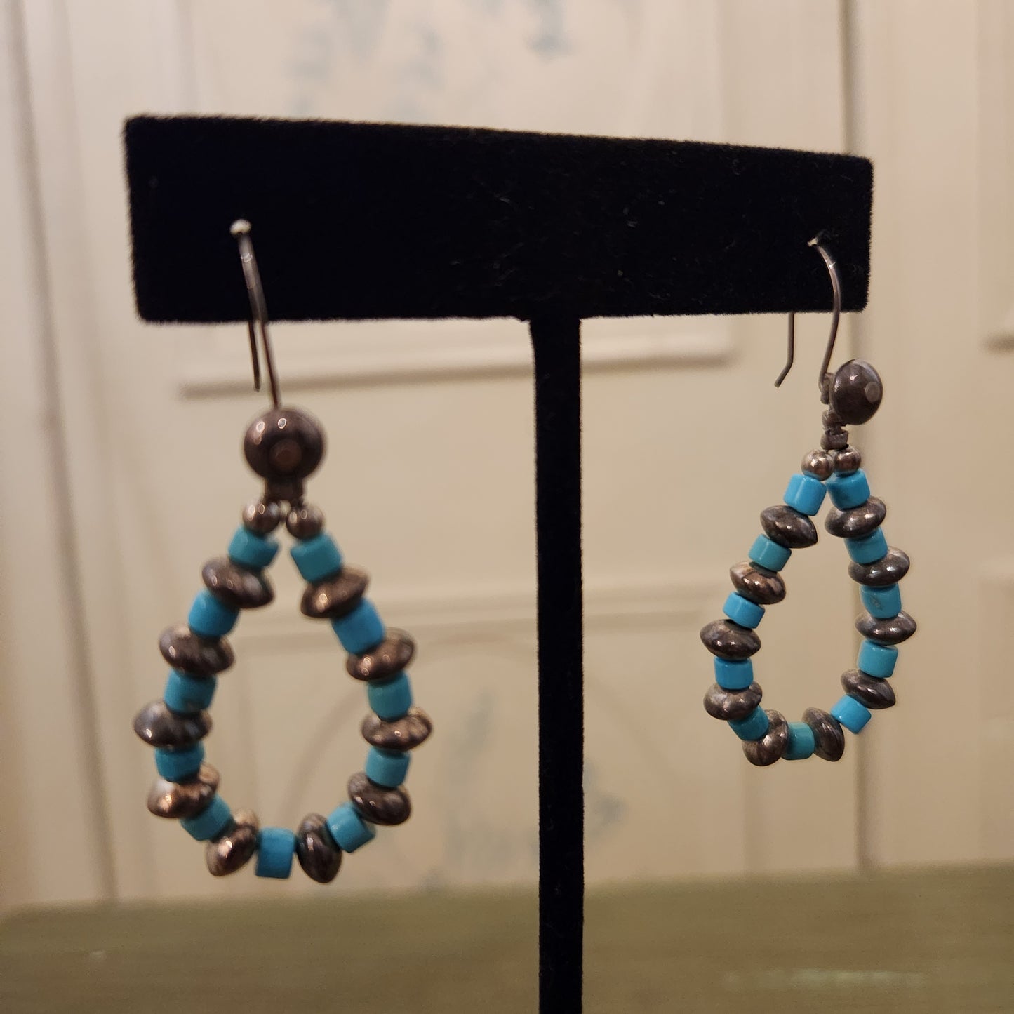 Vintage Silver Toned Turquoise and Metal Beaded Tear Drop Earrings