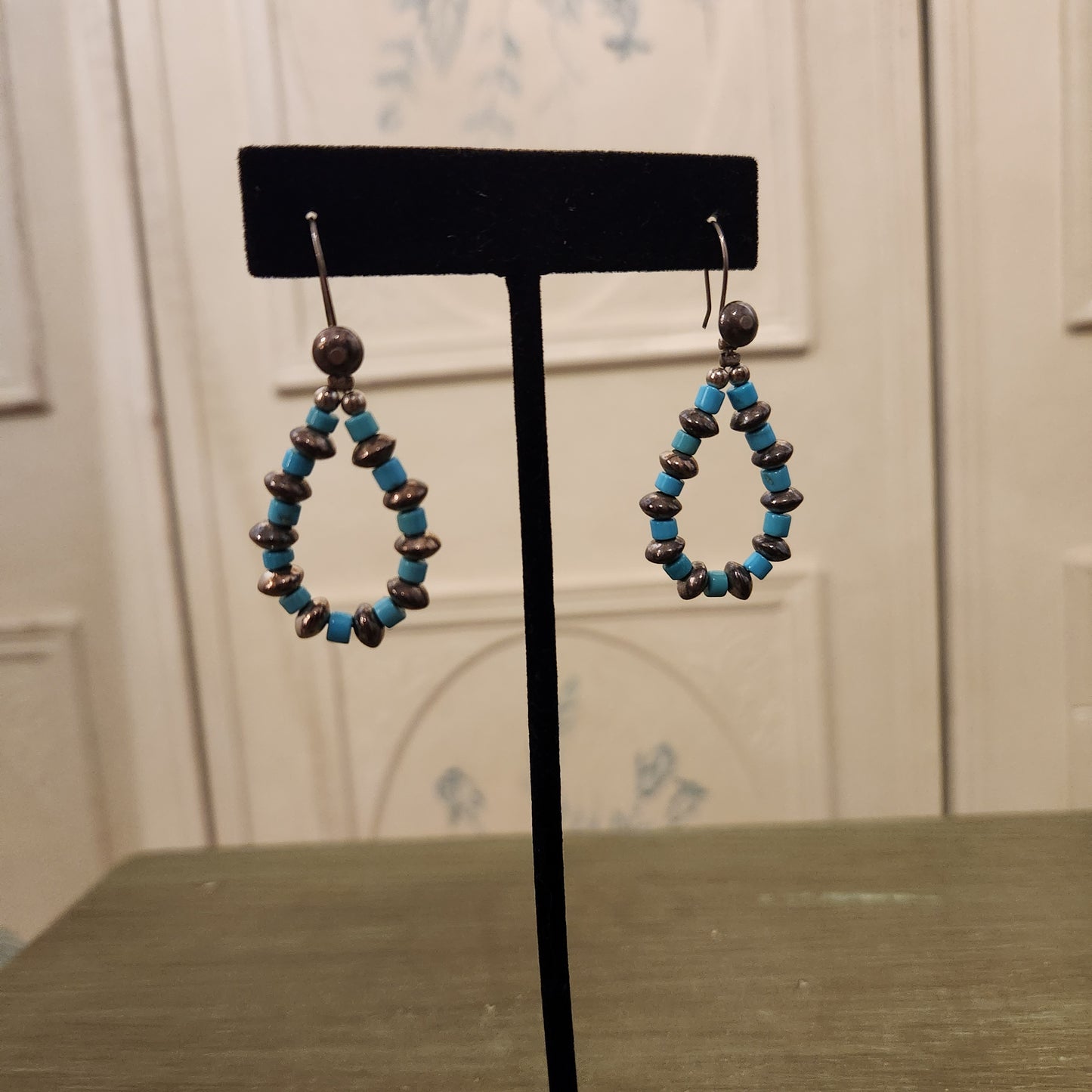 Vintage Silver Toned Turquoise and Metal Beaded Tear Drop Earrings