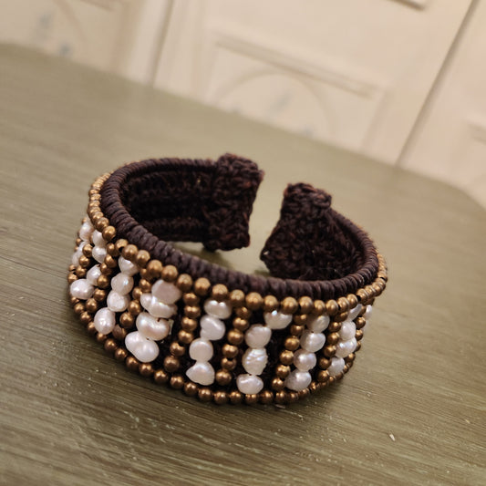 Artisan Made Embroidered Adjustable Freshwater Pearl Cuff