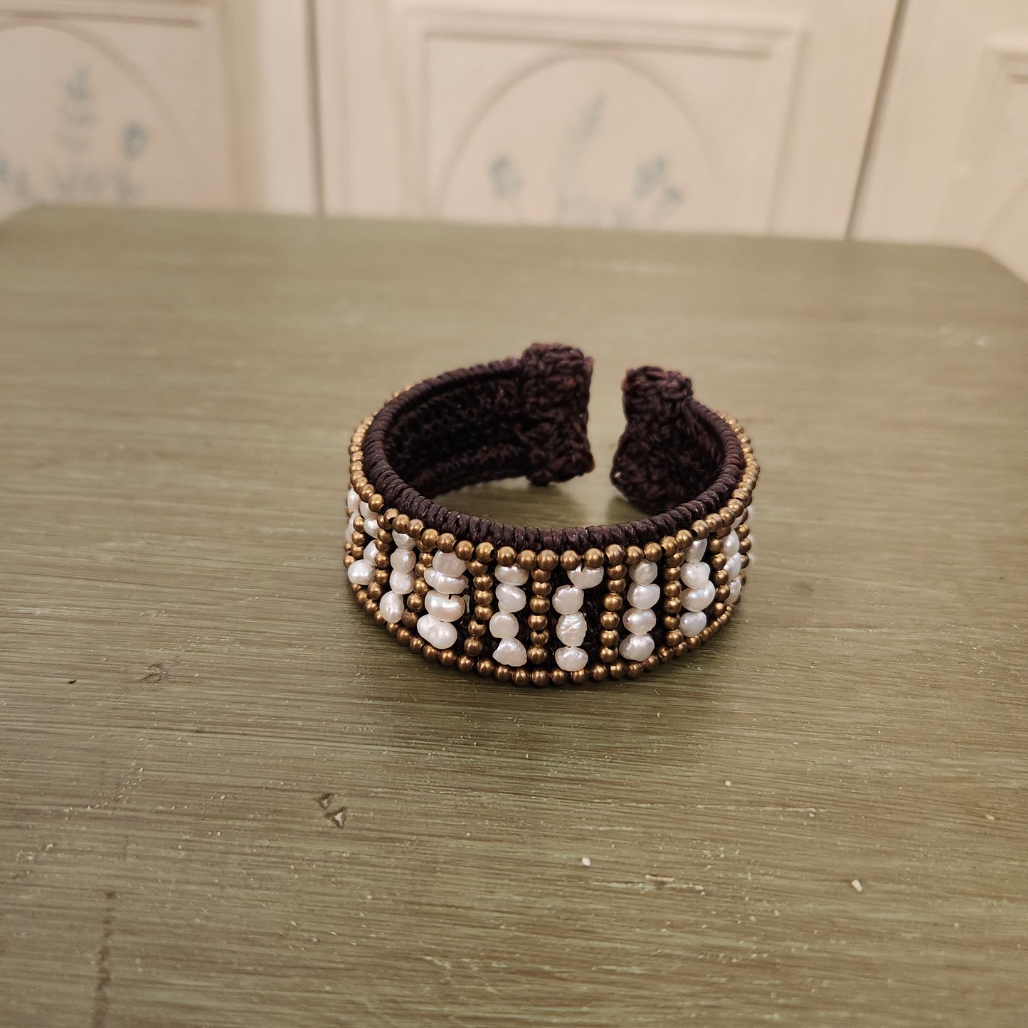 Artisan Made Embroidered Adjustable Freshwater Pearl Cuff