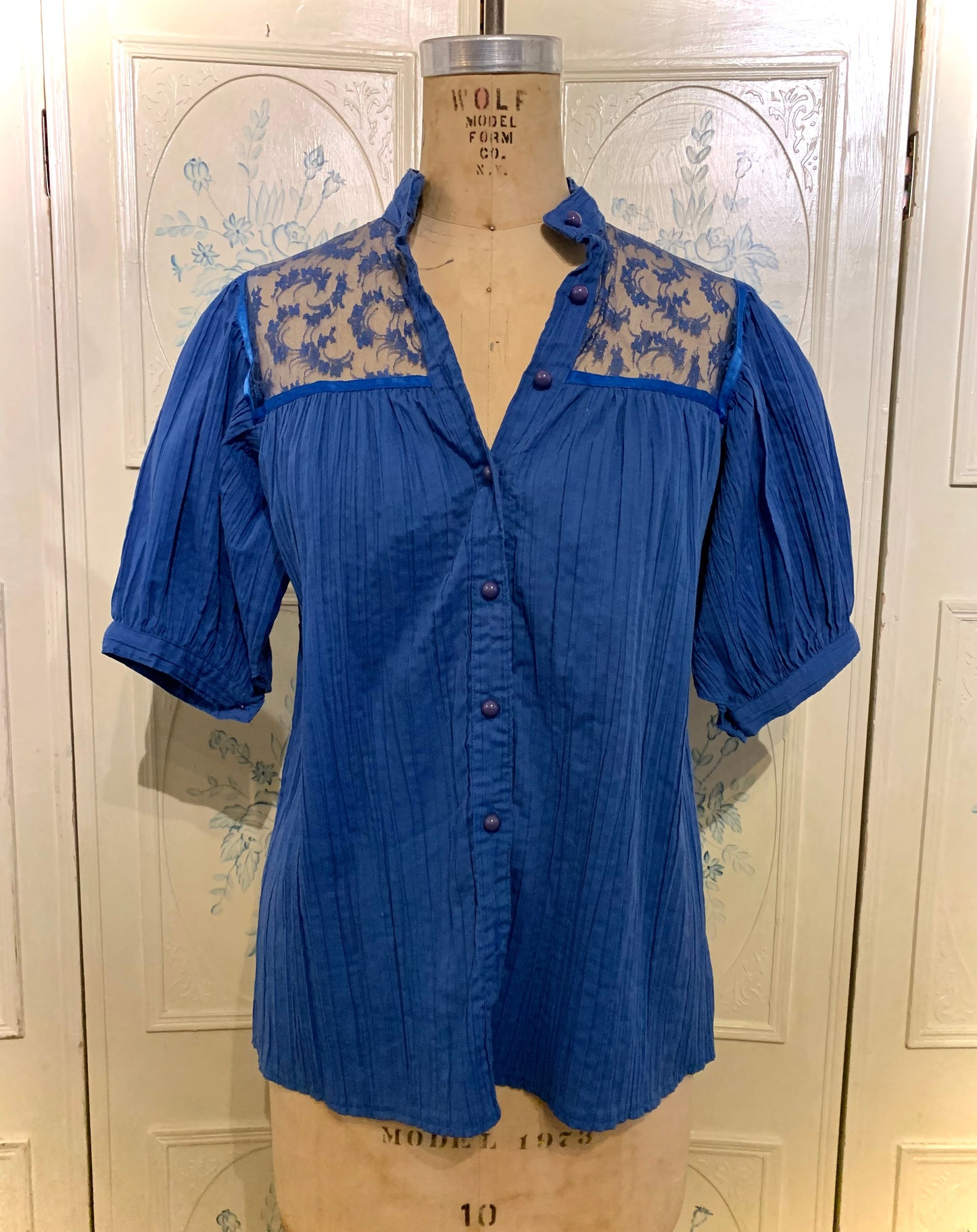 Vintage Royal Blue Crepe Blouse with Lace Accents