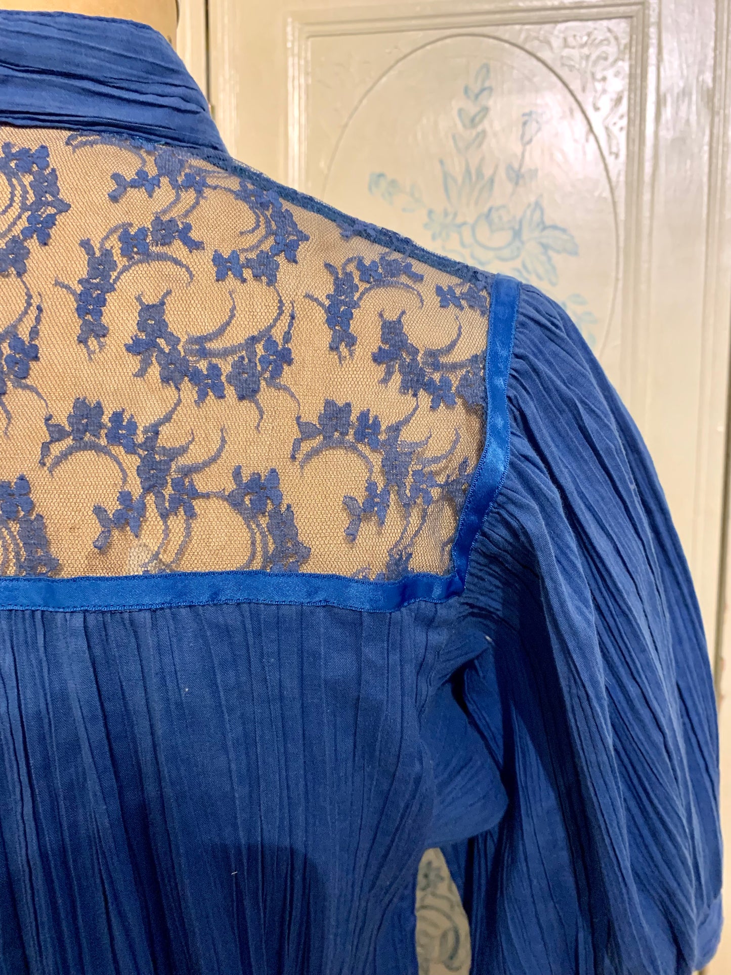 Vintage Royal Blue Crepe Blouse with Lace Accents