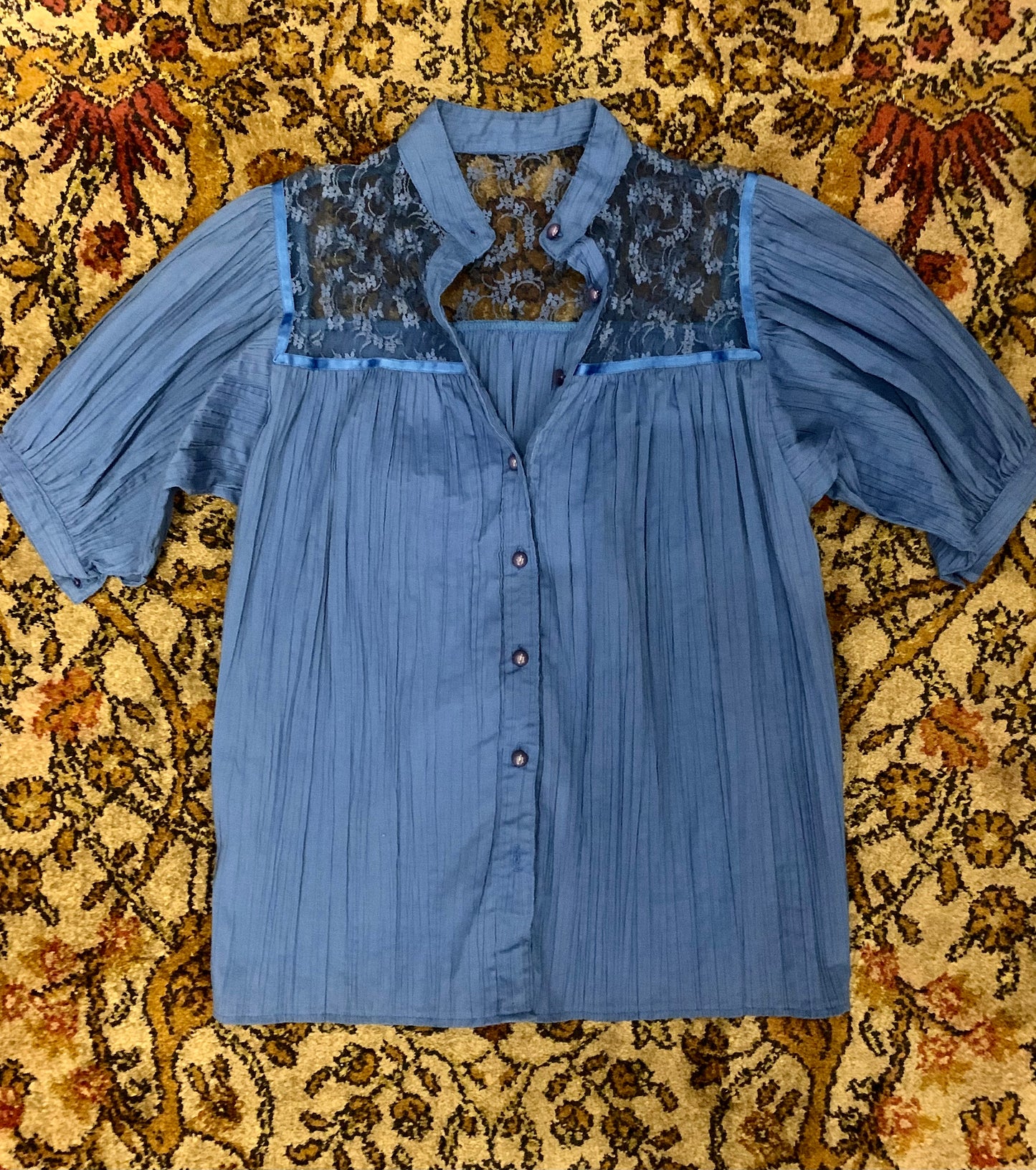 Vintage Royal Blue Crepe Blouse with Lace Accents